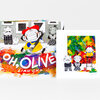 A colorful illustrated book or art print with the title “OH, OLIVE” and the name “LIAN CHO,” showing cartoon characters and paint-like rainbow splashes on the cover and an additional matching illustration beside it.