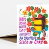 A greeting card with a slice of chocolate-and-yellow cake, strawberries, flowers, and a mouse, with the text "HOPE YOUR BIRTH DAY INVOLVES AN ENORMOUS SLICE OF CAKE" on the front.