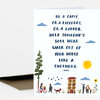 A folded greeting card with the text "BE A LAMP, OR A LIFEBOAT, OR A LADDER. HELP SOMEONE'S SOUL HEAL. WALK OUT OF YOUR HOUSE LIKE A SHEPHERD. -RUMI" and small colorful illustrations of clouds, a sun, trees, a house, birds, and people along the bottom.