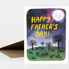 A folded greeting card with the front reading "HAPPY FATHER'S DAY!" in yellow letters over a night sky scene with a full moon, trees, and several deer silhouettes.