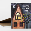 A folded greeting card with the text "HAPPY FATHER'S DAY" and an illustrated house at night, showing a lit upper window with two silhouettes, a crescent moon, and a tree with green leaves.