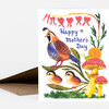 A folded greeting card with a colorful illustration of a quail, two chicks, mushrooms, and flowers, and the text "Happy Mother's Day" on the front.