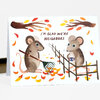 A greeting card with two illustrated mice beside a fence and the handwritten text "I'M GLAD WE'RE NEIGHBORS".