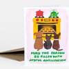 A greeting card shows three pets sitting in front of a yellow oven with red and green kettles on top and the text "MAY THE SEASON BE FILLED WITH JOYFUL ANTICIPATION".