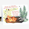 A folded greeting card shows a watercolor-style woodland scene with a mushroom cluster, leaves, ferns, a badger, and the text "SOMETIMES THE HUMAN WORLD FEELS REALLY, REALLY, REALLY STUPID. YOU REMIND ME THERE ARE STILL GOOD THINGS ALL AROUND."