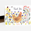 A folded greeting card with the words "Thank You" and an illustration of a chicken standing among yellow, purple, and red flowers and a small bee.