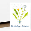 A folded greeting card with a watercolor-style illustration of dandelion stems and drifting seed heads tied with a blue ribbon, and the words "Birthday Wishes" on the front.