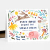 A folded greeting card with watercolor-style illustrations of a rabbit, owl, elephant, flowers, fish, mushrooms, leaves, and the text "EVERY CHILD BEGINS THE WORLD AGAIN." with "— HENRY DAVID THOREAU" below.