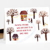 A folded greeting card with an illustrated scene of small houses, bare trees, people and deer, and the printed text "FAITHFUL FRIENDS WHO ARE DEAR TO US GATHER NEAR TO US ONCE MORE" on the front.