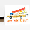 A greeting card with a watercolor-style station wagon loaded with a red canoe and two bicycles, and the text "HAPPY FATHER'S DAY!" in orange.