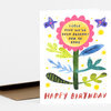 A folded greeting card shows a colorful illustrated flower with the text "I LOVE THAT WE'VE BEEN FRIENDS FOR SO LONG" in the center and "HAPPY BIRTHDAY" at the bottom.