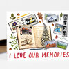 A greeting card with an illustrated open memory book surrounded by small photos, leaves, acorns, and the red handwritten text "I LOVE OUR MEMORIES".