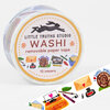A roll of Little Truths Studio washi tape labeled "WASHI" and "removable paper tape," with small illustrated snail mail, envelope, stamp, ink, pencil, and stationery motifs, and "10 meters" printed on the label.