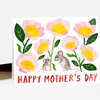 A folded greeting card with watercolor-style pink flowers, green leaves, two mice, and the text "HAPPY MOTHER'S DAY" across the bottom.