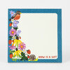 A square notepad with a blue polka-dot border, a blank cream writing area, a floral and strawberry illustration with a bird on the left, and the text “NOW IS A GIFT” at the bottom right.