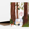 A folded greeting card with an illustration of tall redwood trees, a small camper, a deer, and the text "HAPPY FATHER'S DAY!".
