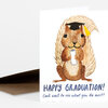 A greeting card with an illustrated squirrel wearing a graduation cap and holding a diploma, with the text "HAPPY GRADUATION!" and "Can't wait to see what you do next!" on the front.