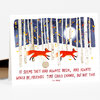 A greeting card featuring two red foxes running through a birch forest under a full moon, with the quote "IT SEEMS THEY HAD ALWAYS BEEN, AND ALWAYS WOULD BE, FRIENDS. TIME COULD CHANGE, BUT NOT THAT. -A.A. MILNE" printed below.