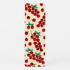 A narrow rectangular bookmark with rounded corners featuring a repeating illustration of red tomato vines and blue-green grasshoppers on a light background.