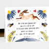 A folded greeting card with a watercolor-style leaping hare, bees, flowers, ferns, and the quote "YOU HAVE NOT GROWN OLD, AND IT IS NOT TOO LATE TO DIVE INTO YOUR INCREASING DEPTHS WHERE LIFE CALMLY GIVES OUT ITS OWN SECRET. -RAINER MARIA RILKE" printed on the front.