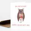 A folded Valentine’s Day card with a watercolor bat holding a red heart and the text "YOU HAVE MY HEART" and "HAPPY VALENTINE'S DAY" in red.