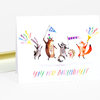 A folded white notecard with a watercolor-style illustration of five animals wearing party hats and holding flags, with the text “YAY FOR BIRTHDAYS!” in rainbow letters.