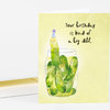A folded notecard shows a watercolor jar of pickles with a striped party hat and the text "Your birthday is kind of a big dill."