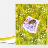 A greeting card shows a dog and a cat sitting on a picnic blanket in a grassy field filled with small white, pink, and red flowers.