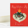 A red Valentine’s Day notecard with the text "Happy Valentine’s Day" and "To my prince," featuring a crowned frog illustration, shown with a matching envelope behind it.