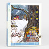 A 1000-piece jigsaw puzzle box labeled "Cold Hollow" with a winter woodland illustration featuring a large tree, owl, red house, and animals gathered indoors.