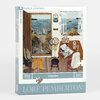 A boxed jigsaw puzzle labeled "Islander" with "500 PIECES" and "LORE PEMBERTON," showing an illustrated seaside room scene with open windows, ocean, a sailboat, chairs, and fishing nets.