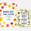 A hardcover journal with a white cover patterned with colorful sunburst circles and the title "CHOOSE HOPE, TAKE ACTION" in blue, alongside a matching insert card with a floral quote design.