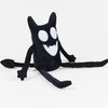 A black plush demon figure with pointed ears, large white oval eyes, a white jagged smile, long thin arms, and long thin legs.