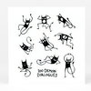 A sticker sheet featuring eight black cartoon demon figures and the text "100 DEMON DIALOGUES" in bold hand-drawn lettering.