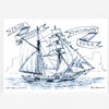 A postcard-sized illustration of a sailing ship with banners reading “FAIR WIND” and “FOLLOWIN’ SEAS.” and the artist name “LUCY BELLWOOD” with “@LuBellwoo” printed below.