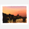 A postcard featuring a painted sunset cityscape with silhouetted buildings, a domed skyline, a bridge over water, and golden reflections.