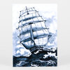A postcard featuring a black-and-white illustration of a sailing ship with multiple square sails riding rough waves.