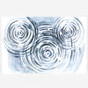 A postcard featuring an abstract blue-gray watercolor design with three overlapping circular ripple patterns.