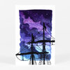 A postcard featuring a watercolor-style purple night sky with stars and the black silhouette of ship masts and rigging.