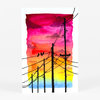 A postcard-sized art print showing black silhouettes of utility poles and power lines in front of a vertical rainbow sunset sky with small cloud shapes and three birds on a wire.