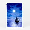 A postcard featuring a blue watercolor-style night seascape with a full moon, scattered stars, clouds, and a black sailing ship silhouette on the water.