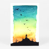 A postcard-sized print of a silhouetted hiker on a hill with bare trees, birds in the sky, and a vertical watercolor-style gradient from blue to green to yellow to orange.