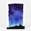A postcard-sized print of a deep blue and purple watercolor night sky with white stars above a black mountain silhouette and a small standing figure on a peak.