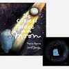 A children’s book cover titled “the coziest place on the moon” with a blue furry creature, a glowing diagonal beam, a gray moon-like sphere, and the authors’ names Maria Popova and Sarah Jacoby.