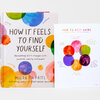 A hardcover book titled "HOW IT FEELS TO FIND YOURSELF" by Meera Lee Patel with colorful overlapping circles on the cover, shown next to a matching illustrated insert or card titled "HOW TO KEEP GOING."