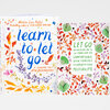 Two floral-covered journals are shown, with one reading “learn to let go” in large blue text and “A JOURNAL FOR NEW BEGINNINGS,” and the other reading “LET GO OF HOLDING ON TO THE FAMILIAR AND COMFORTABLE; OPEN YOURSELF TO GROWTH AND POSSIBILITY.”