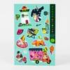 A sticker sheet with multiple colorful beach bird illustrations and the vertical text "beach birdies" and "a sticker sheet from meg hunt."