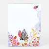 A notepad with a white writing area bordered by colorful butterfly, bee, flower, and leaf illustrations at the bottom and right edges.