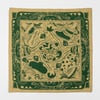 A square green-and-tan bandana with a decorative border and a central forest-themed illustration of mushrooms, leaves, and abstract foliage shapes.