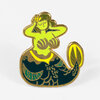 A gold-toned enamel pin shaped like a mermaid with neon yellow skin, dark teal lower body, and a yellow-and-green tail fin.